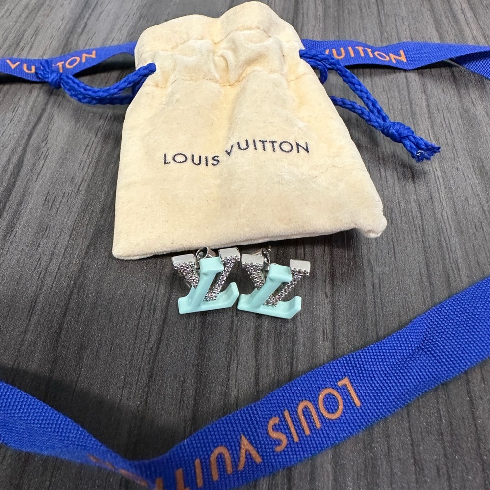 Louis Vuitton Aqua and Silver Logo Earrings